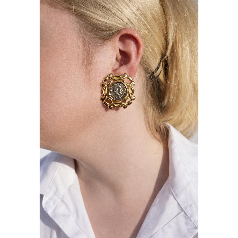 Paolo Gucci Vintage Coin Clip On Earrings Gold Tone Statement Earrings Signed
